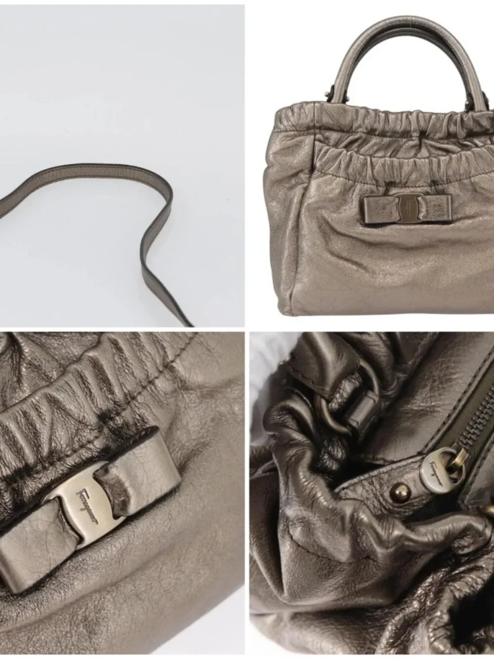 Salvatore Ferragamo Vala Hand Bag Leather 2way Silver Auth am10956